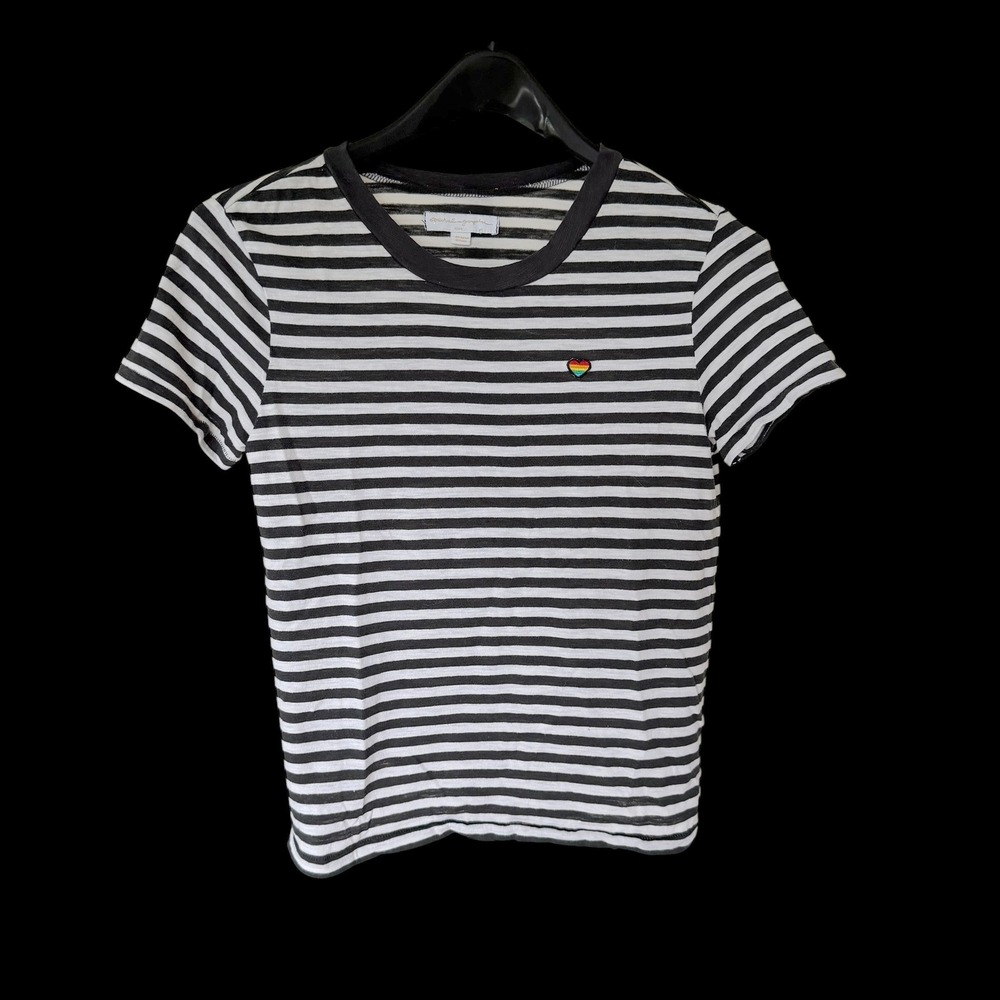 Spiritual Gangster XS Striped Rainbow Heart Distressed T-Shirt Black White